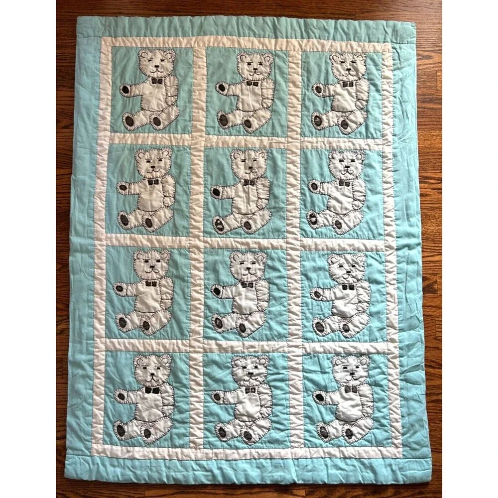 Handmade White with Blue Teddy Bear Hand Quilted Baby Toddler Blanket 50 X 39